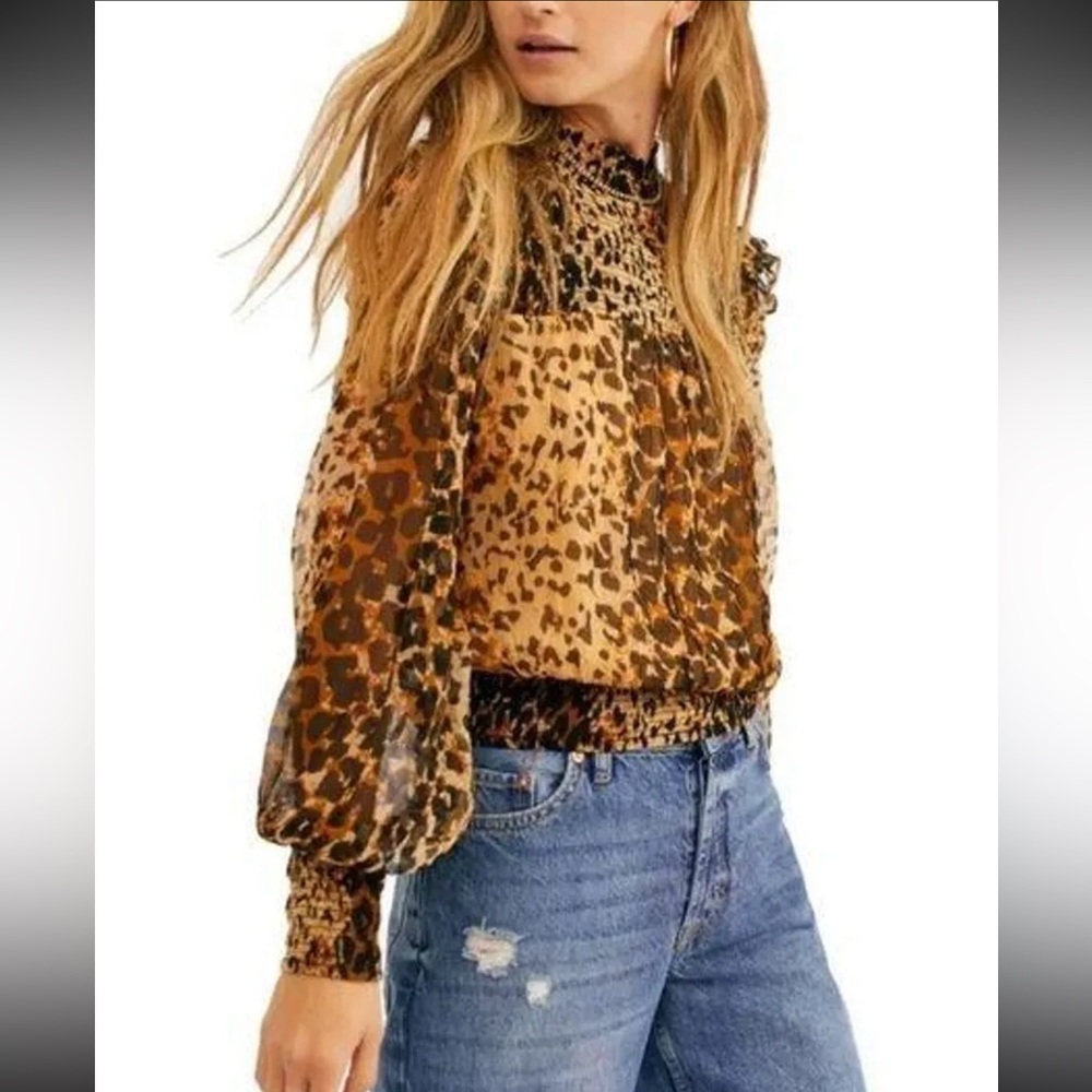 Free People Womens Roma Smocked Animal Print Blouse Brown
